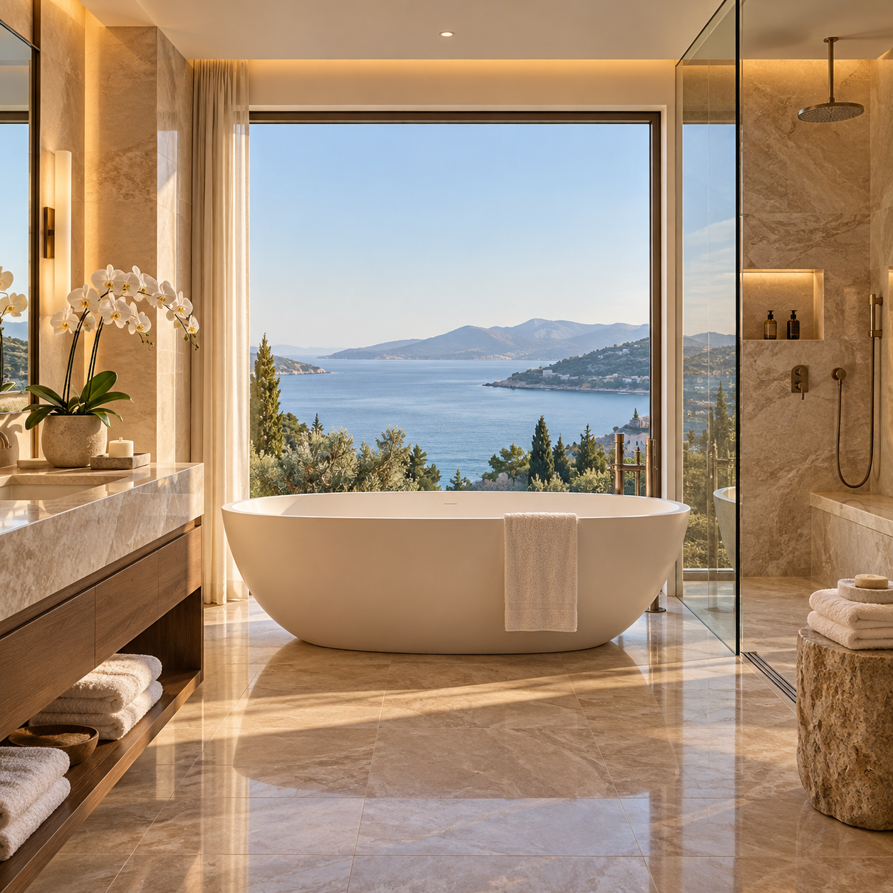Illustrative hospitality bathroom with a freestanding bathtub