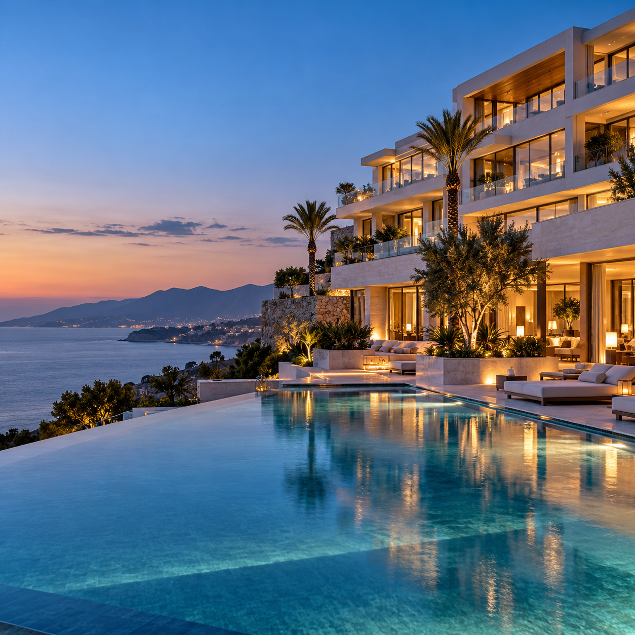 Illustrative coastal hotel and pool at dusk