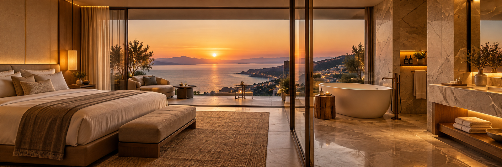Illustrative hotel suite and warm marble bathroom